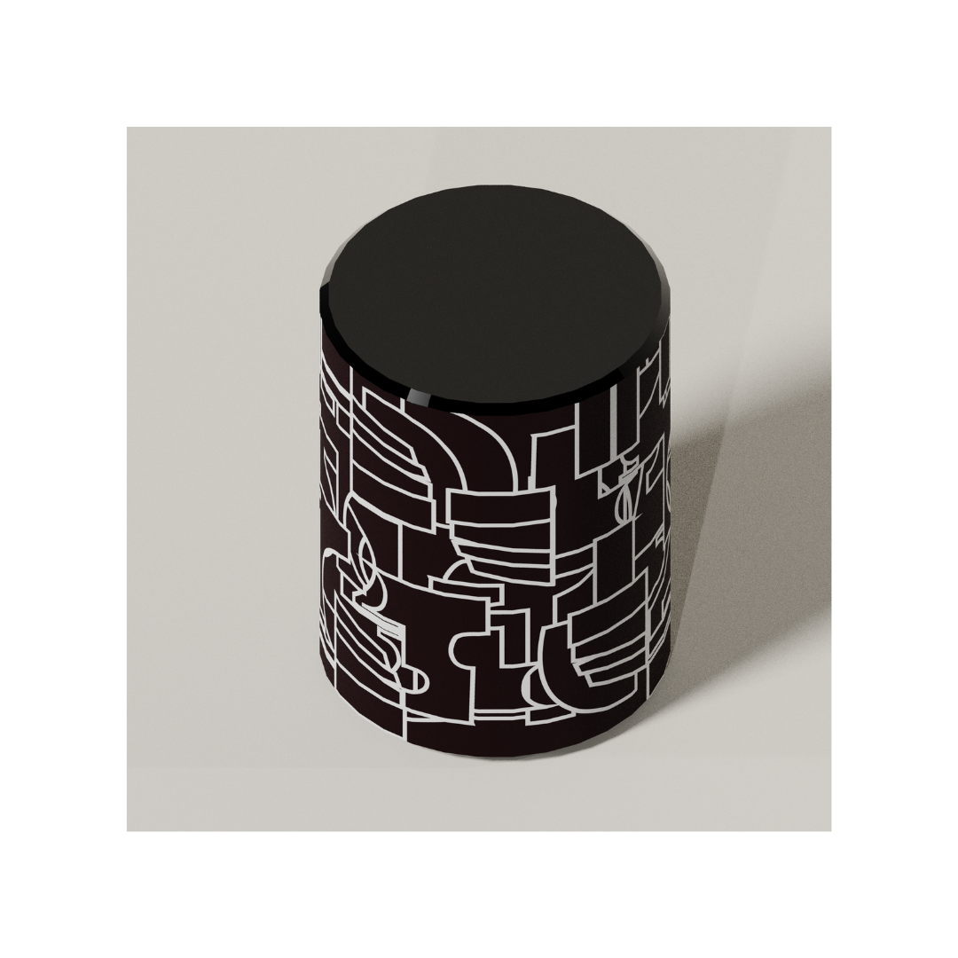 Abstract Picasso side table black cylindrical design with white geometric line pattern and glossy top