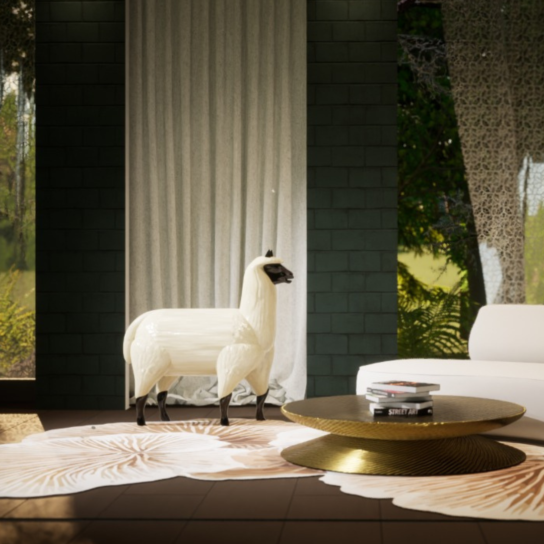 Unique white alpaca seating chair in modern living room with gold coffee table and rug