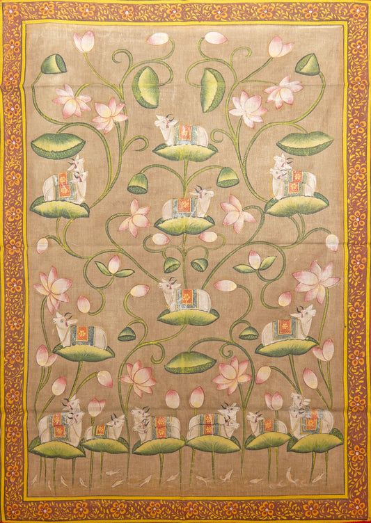 The lotus berths Pichwai Painting - Handcrafted Art showing white cows on lotus leaves and pink lotus flowers with ornate border