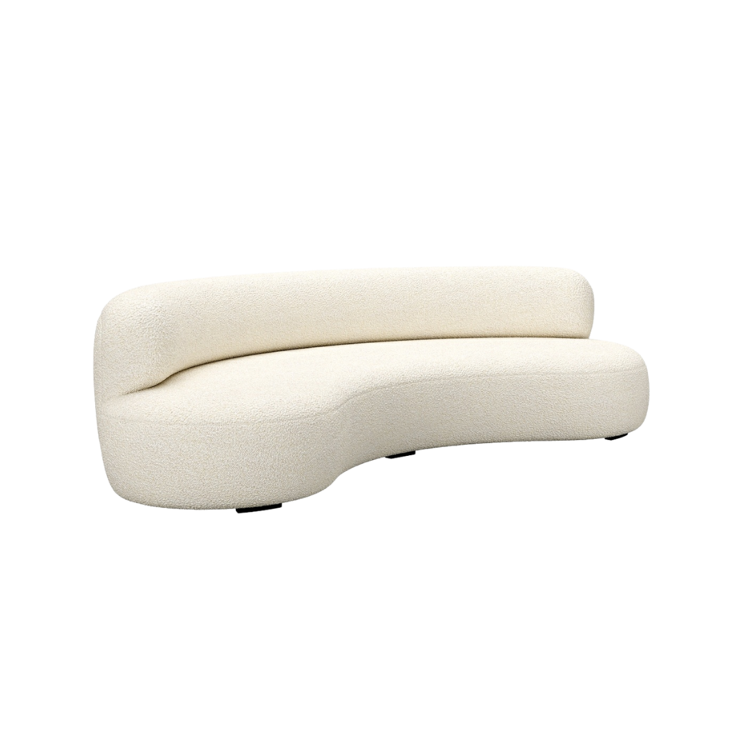 Curved modern ivory sofa with textured upholstery and low backrest for stylish living rooms