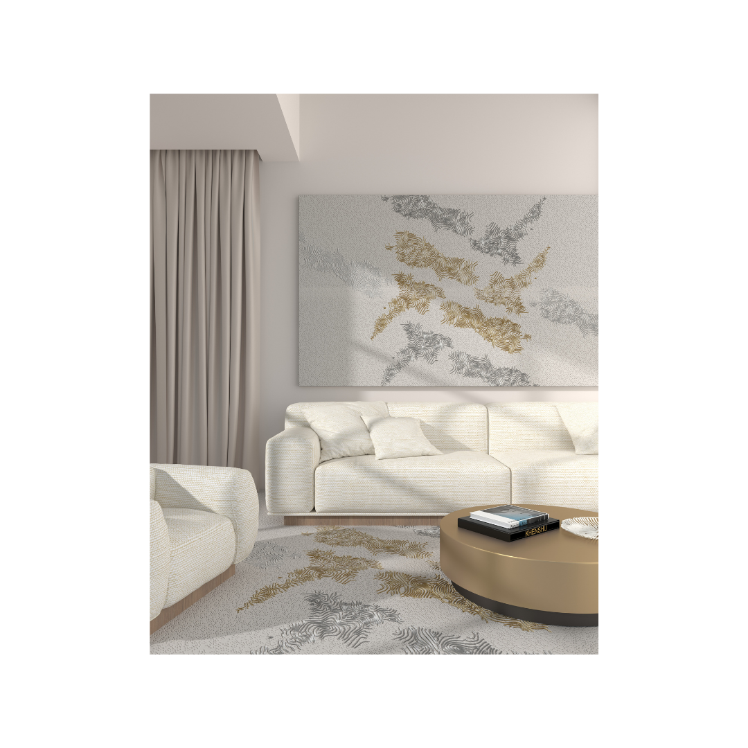 Neutral living room with cream sofa and abstract gold grey rug on floor New Zealand Rug customised and handcrafted.