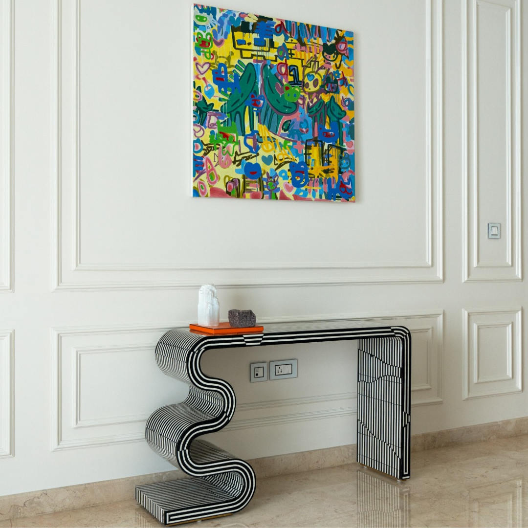 Monochrome twist black and white striped modern table with a curved design