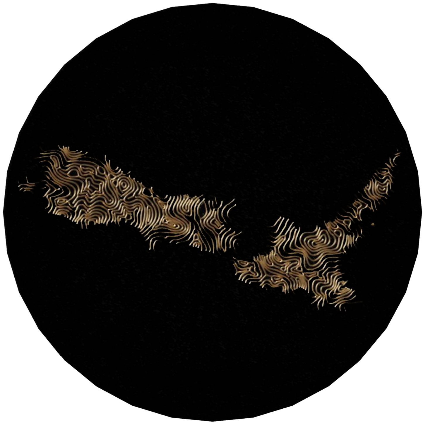 Round black rug with gold swirling pattern shaped like New Zealand island.