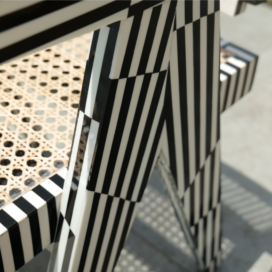 Pierre on the Piano Chair black and white striped close-up detail showcasing artisan furniture for sophisticated interiors monochromatic aesthetic