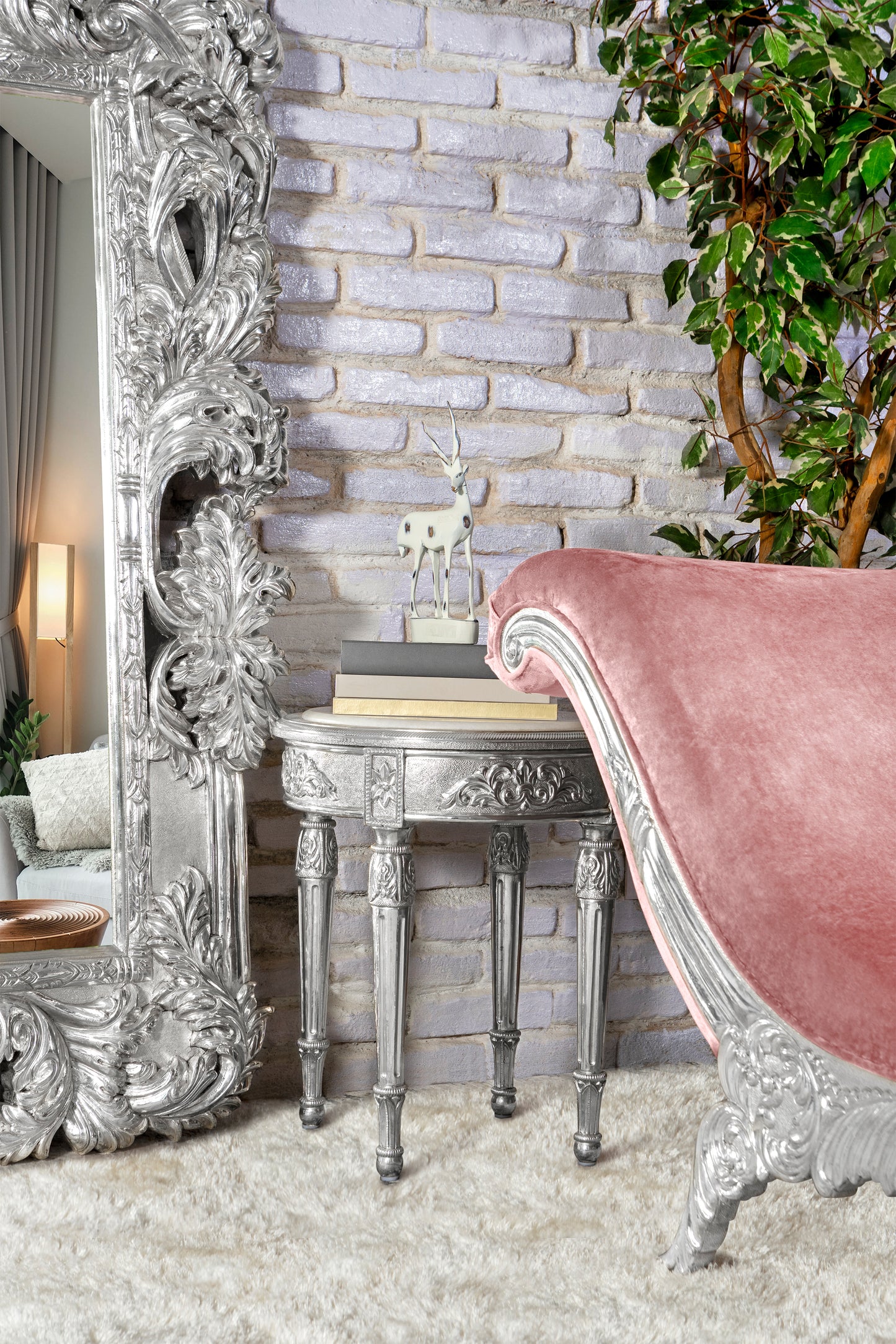 Elegant Sea Salt Chaise by Khenshu with Curved Design Next to Decorative Mirror and Table