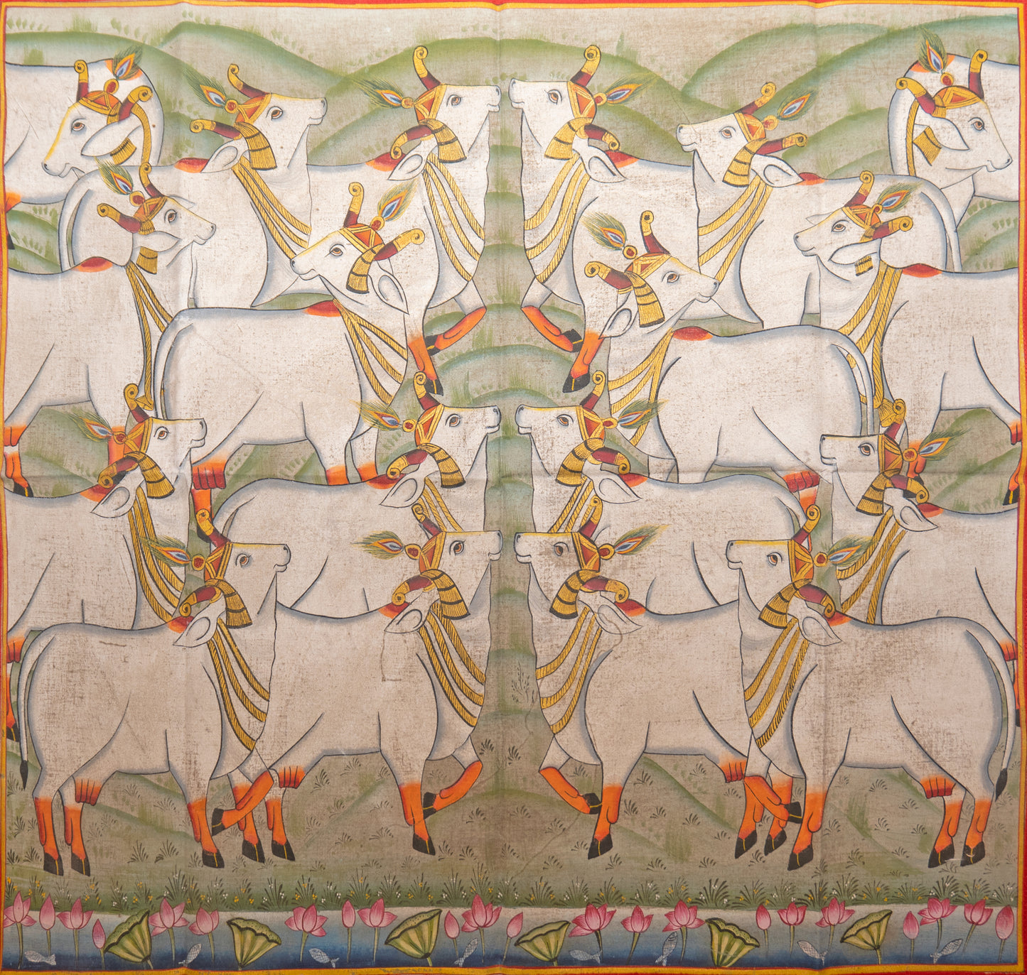 The summer meadow Pichwai Painting showing symmetrical white cows in a pastoral scene with lotus border and green hills