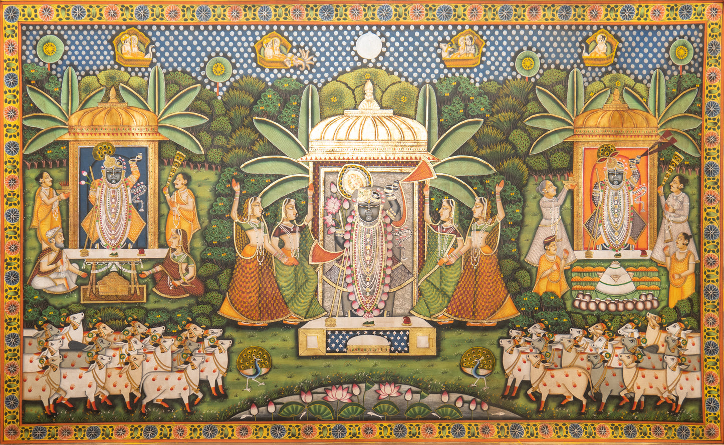 Vibrant divinity Pichwai painting showcasing intricate details and traditional motifs of deities and nature