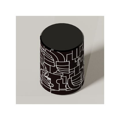 Abstract Picasso side table black cylindrical design with white geometric line pattern and glossy top