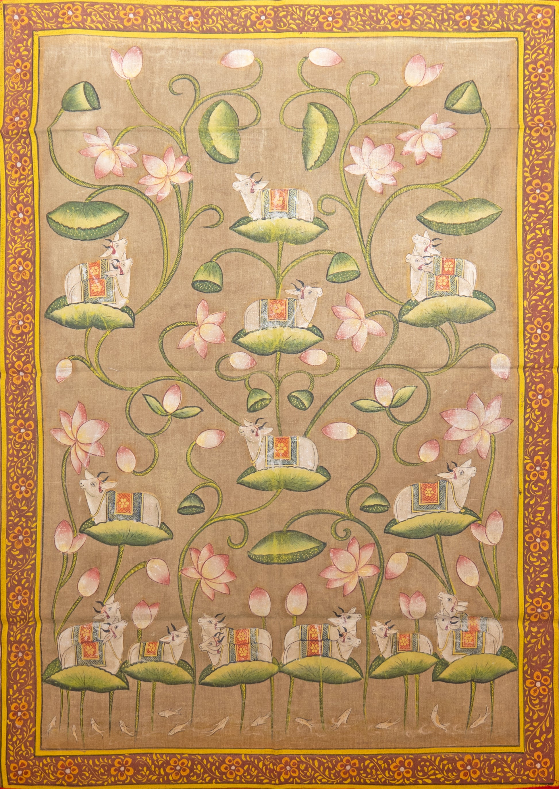 The lotus berths Pichwai Painting - Handcrafted Art showing white cows on lotus leaves and pink lotus flowers with ornate border