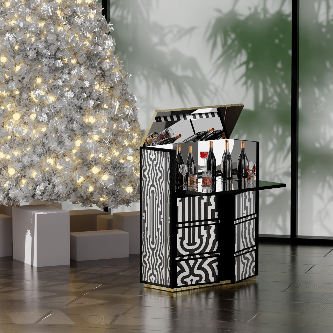 Honeycomb bar cabinet in black and white geometric pattern with open top 