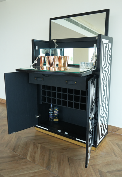 Honeycomb bar cabinet open black wood bar cabinet with mirror wine grid copper cups and bottles