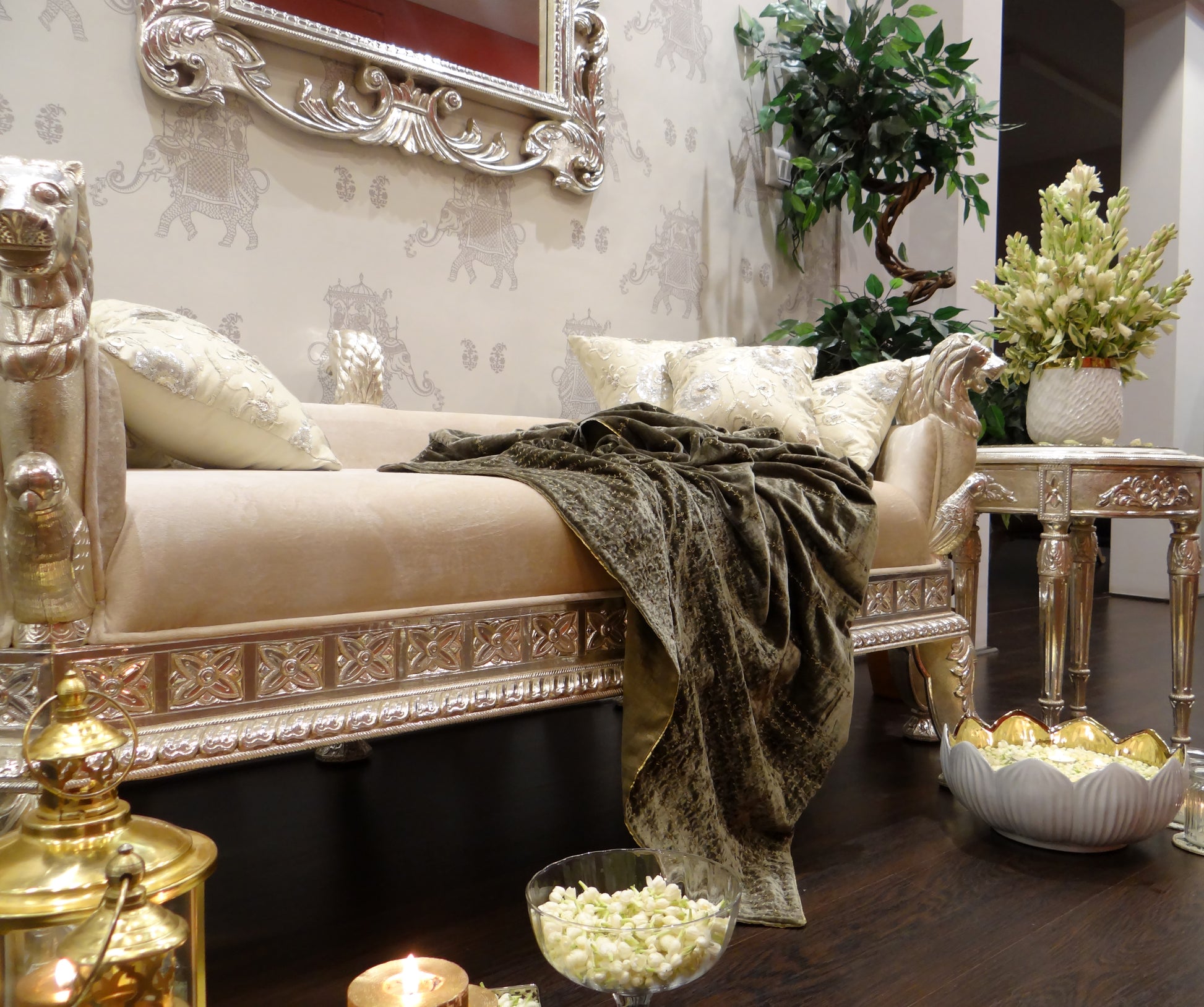 Fauna Lion Lounger, Handcrafted Luxury Furniture with Elegant Cushions and Decorative Accessories