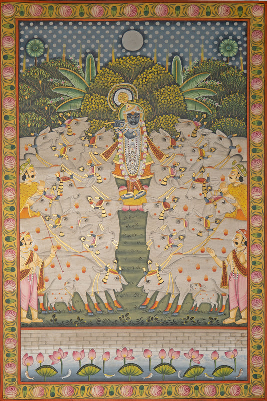 Festival of cattle with gold leaf detailing Pichwai Painting. Depicting Krishna surrounded by white cows and lotus border
