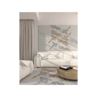 Neutral living room with cream sofa and abstract gold grey rug on floor New Zealand Rug customised and handcrafted.