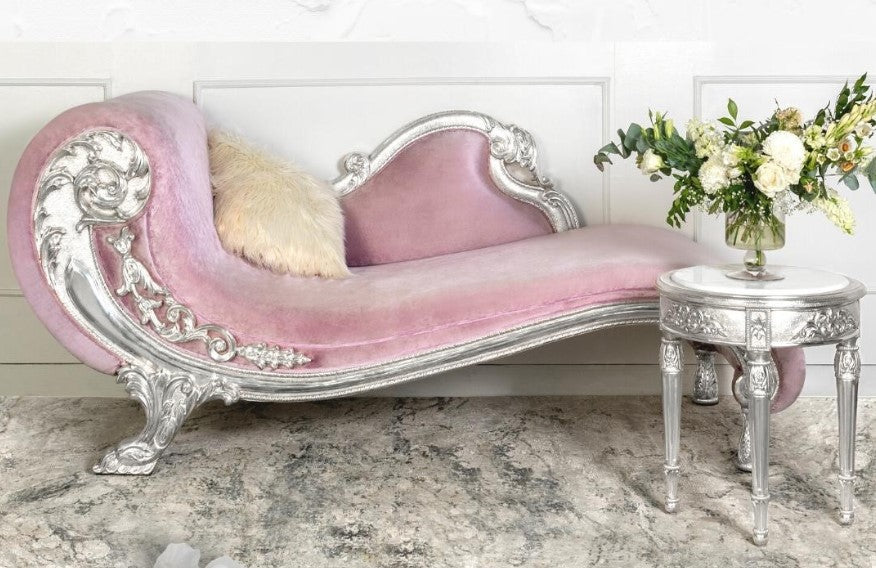 Lavender Chaise, Handcrafted with Silver Details, Perfect for Elegant Living Spaces