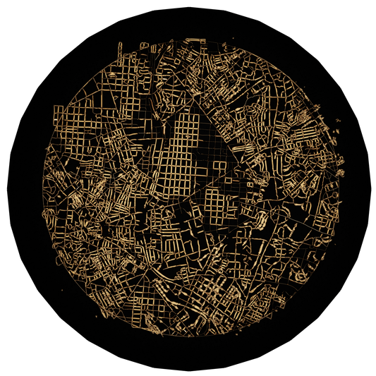 Madrid Rug handcrafted round black rug with gold city map pattern and intricate woven details