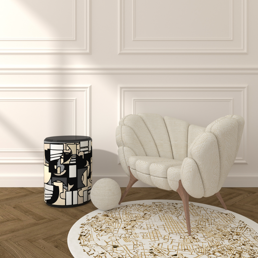 Madrid Rug handcrafted round white gold map pattern rug under cream boucle chair
