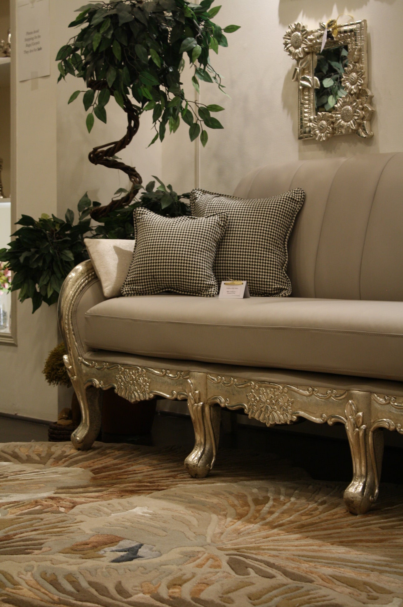 Mushroom Rug showcased under ornate gold carved sofa in elegant living room 