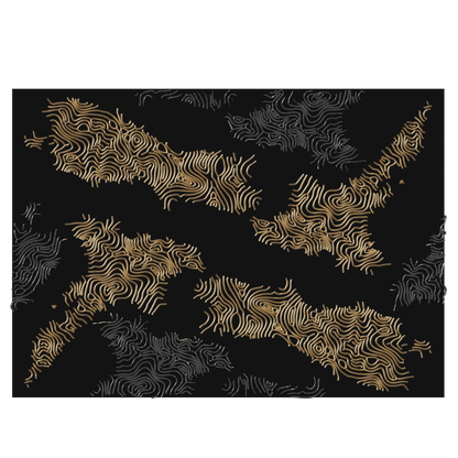 New Zealand Rug customised and handcrafted black rug with gold and silver abstract contour patterns
