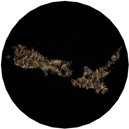 Round black rug with gold swirling pattern shaped like New Zealand island.