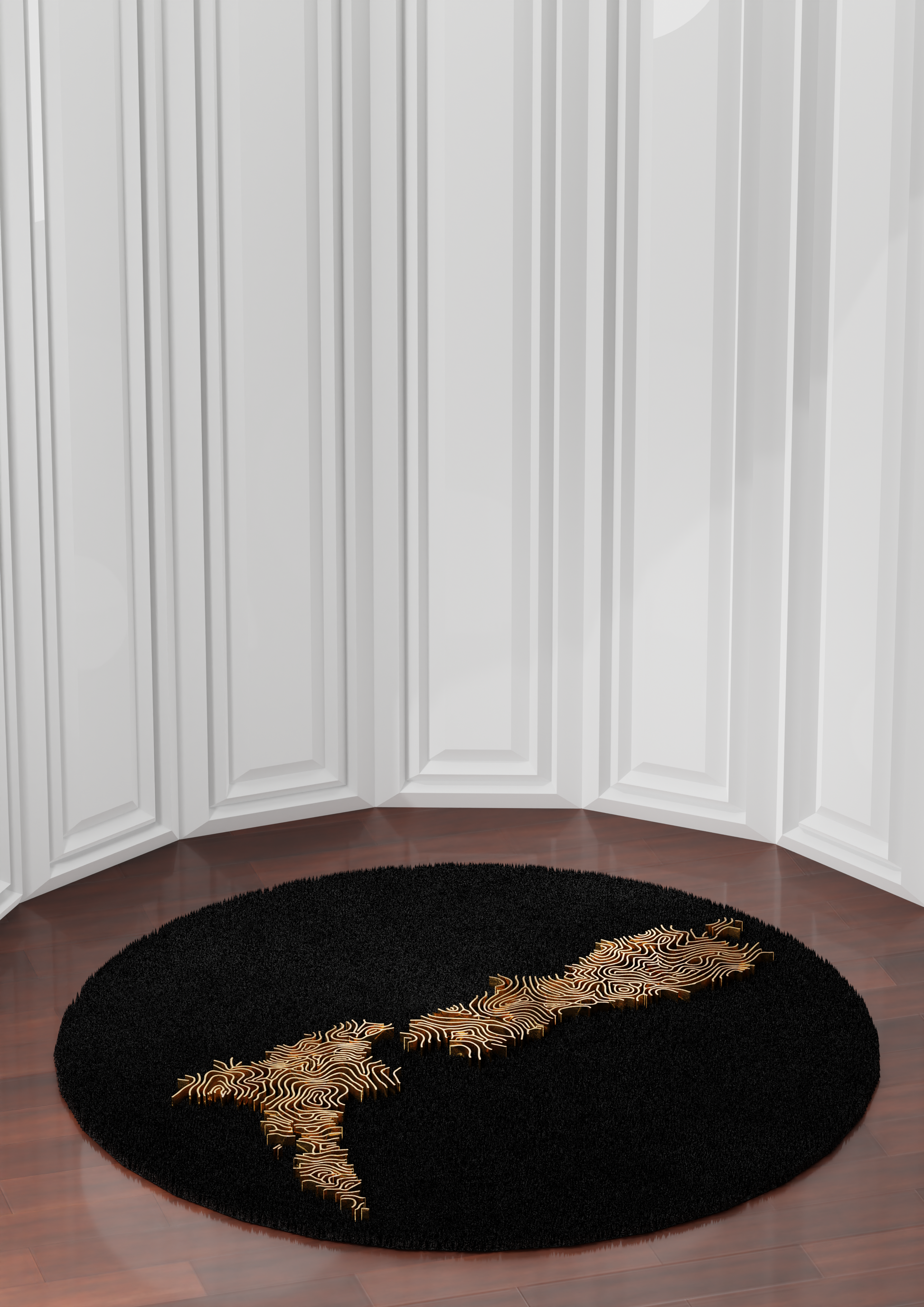 Round black shag rug with gold map design on hardwood floor New Zealand Rug customised and handcrafted by Khenshu