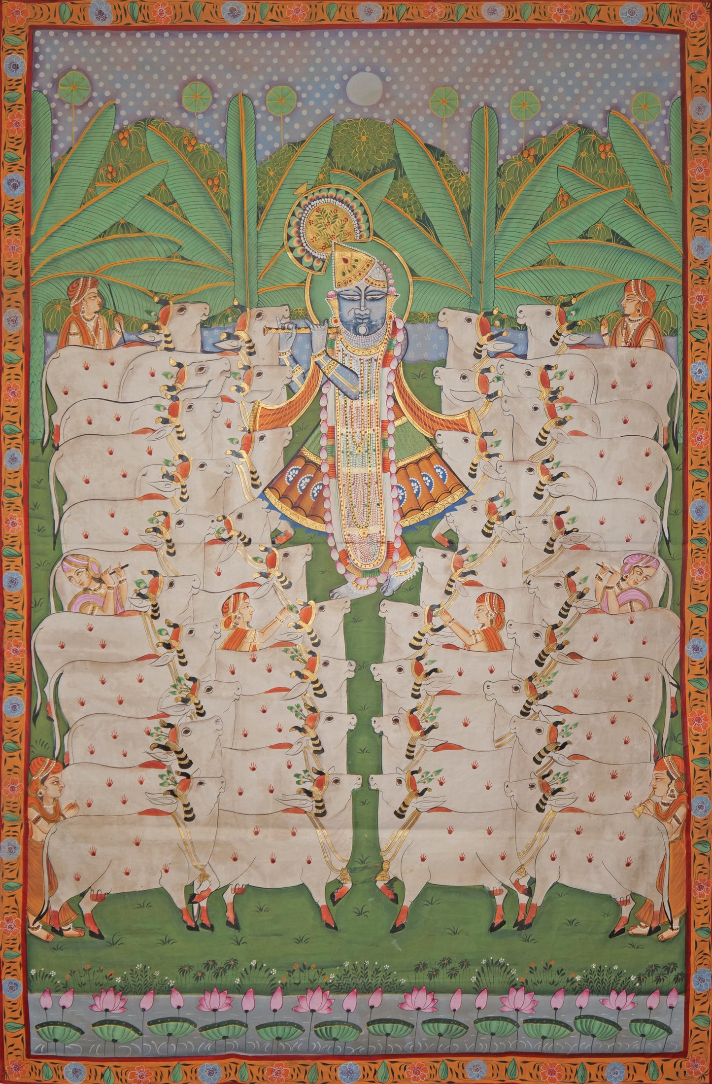 Festival of Cattle Pichwai Painting showing blue deity Krishna surrounded by rows of white cows 
