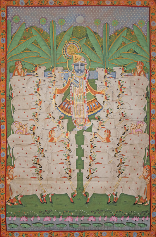Festival of Cattle Pichwai Painting showing blue deity Krishna surrounded by rows of white cows 
