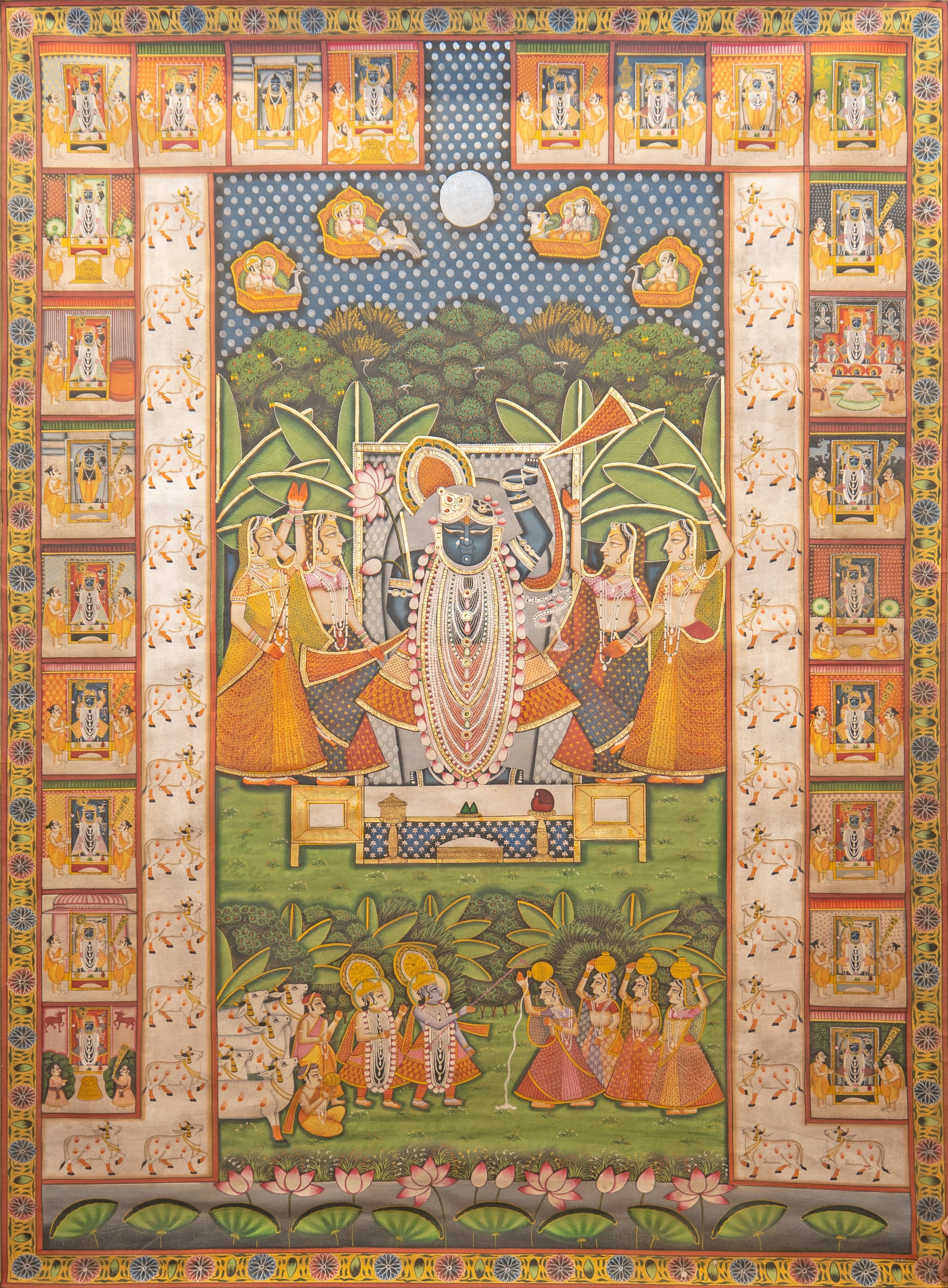 The gopal kala Pichwai Painting ornate Shrinathji Krishna with gopis under moonlit sky and floral border panels