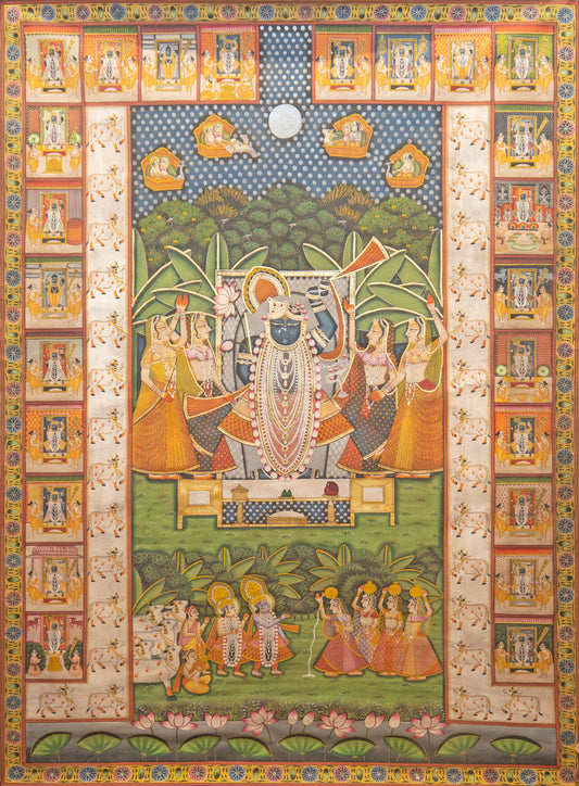 The gopal kala Pichwai Painting ornate Shrinathji Krishna with gopis under moonlit sky and floral border panels