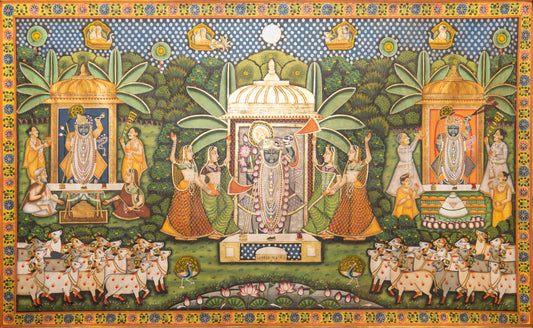 Vibrant divinity Pichwai painting showcasing intricate details and traditional motifs of deities and nature