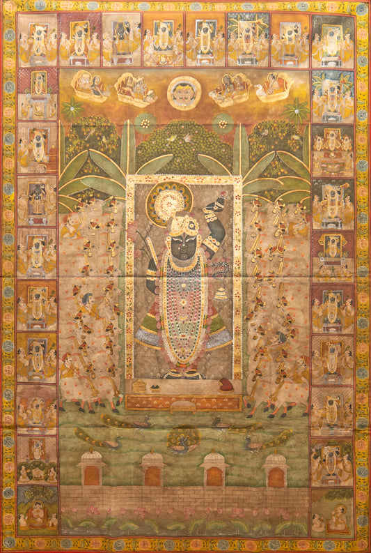 Beautiful Vintage folklore Pichwai Painting depicting Lord Krishna surrounded by intricate designs